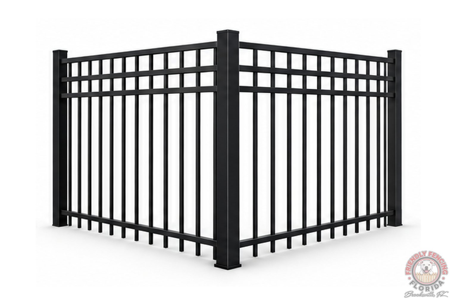 Black aluminum 3-rail flat top fence corner with square posts, Brooksville FL