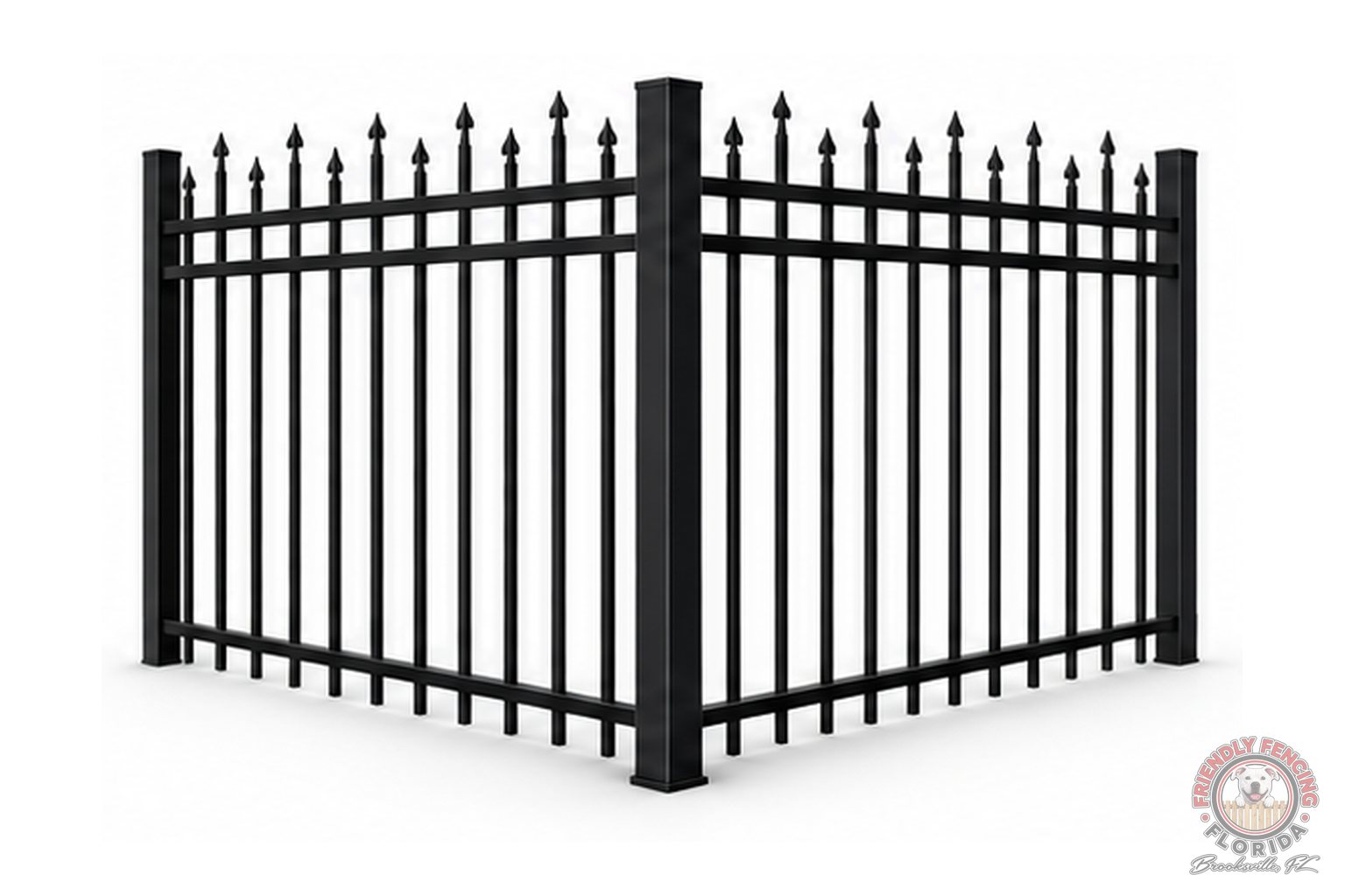 Black aluminum 3-rail finial top fence corner, pool fence style, Hernando County FL