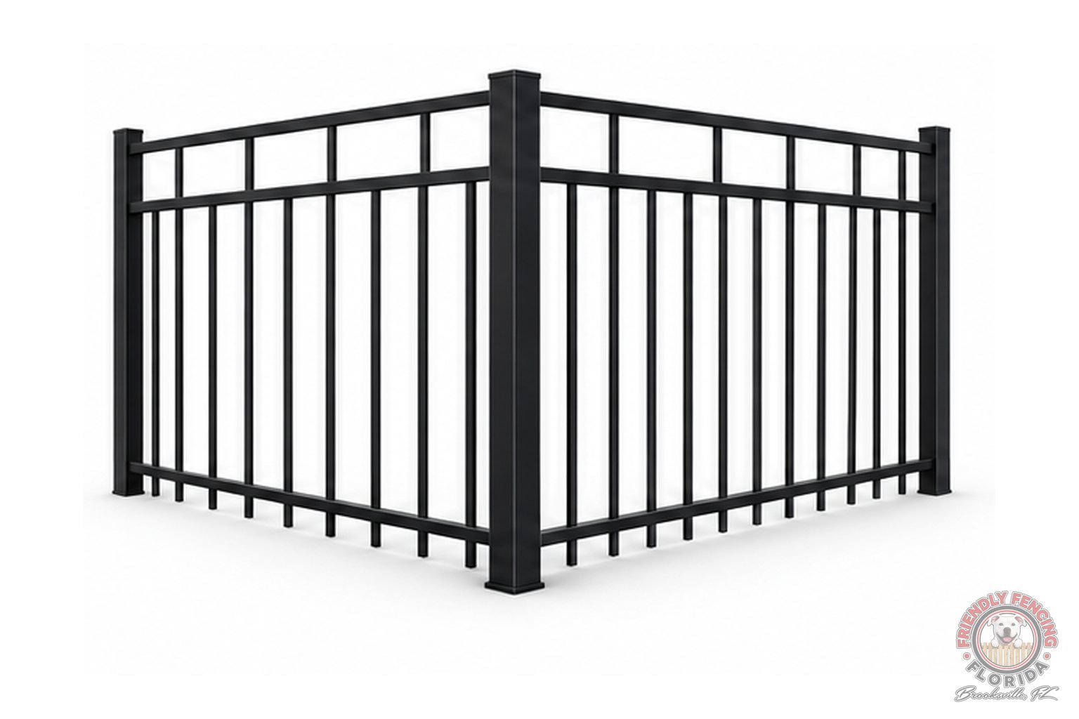 Black aluminum flat top fence with open top section between two rails, Weeki Wachee FL