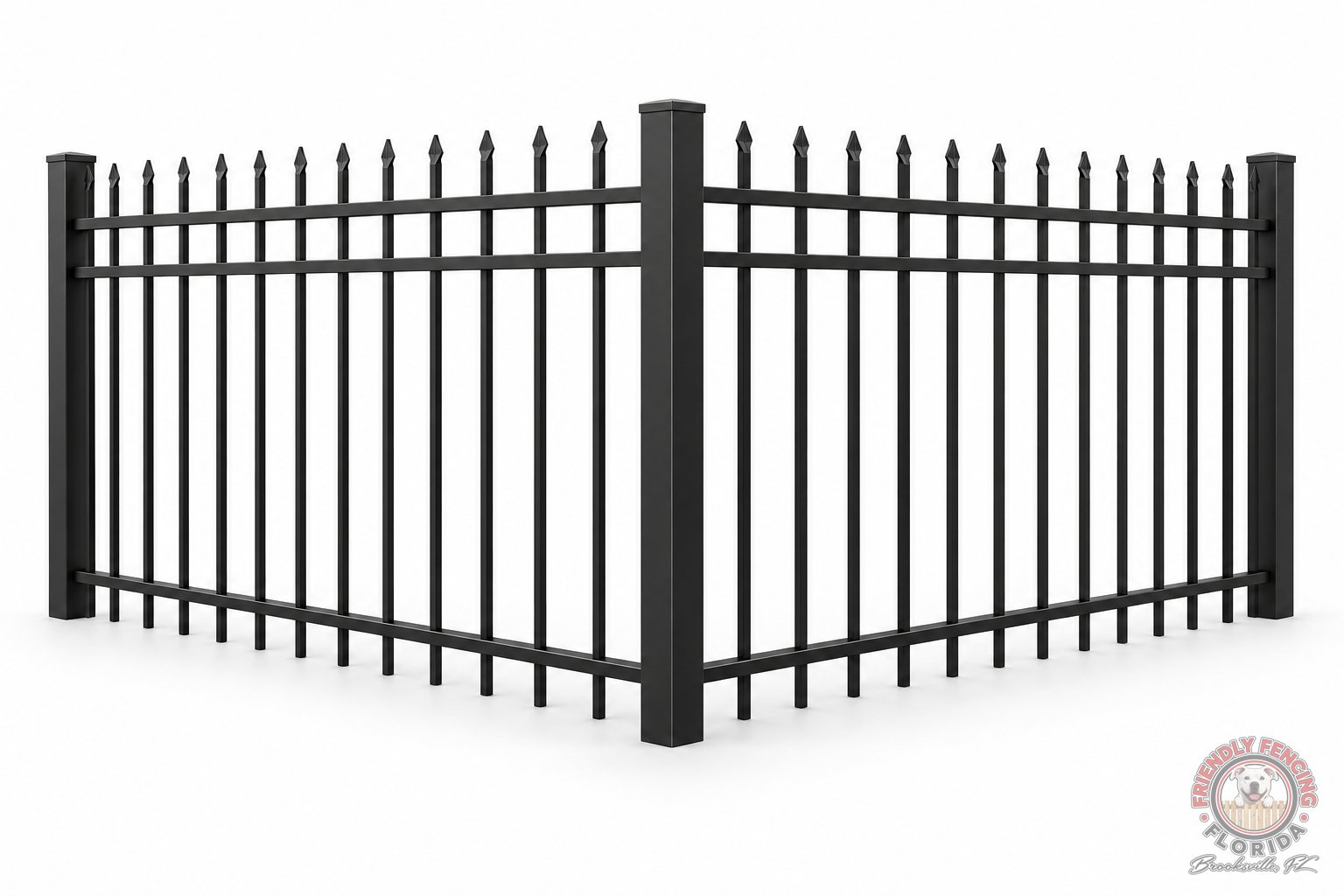Black aluminum spear top fence corner with two top rails, Spring Hill FL