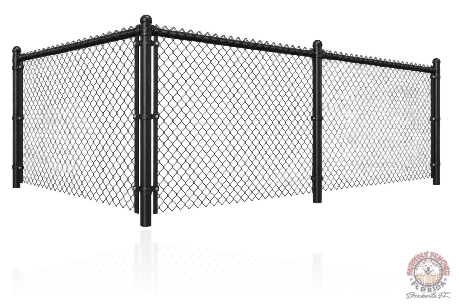 Black vinyl-coated chain link fence corner with black posts, top rail and dome caps, Spring Hill FL