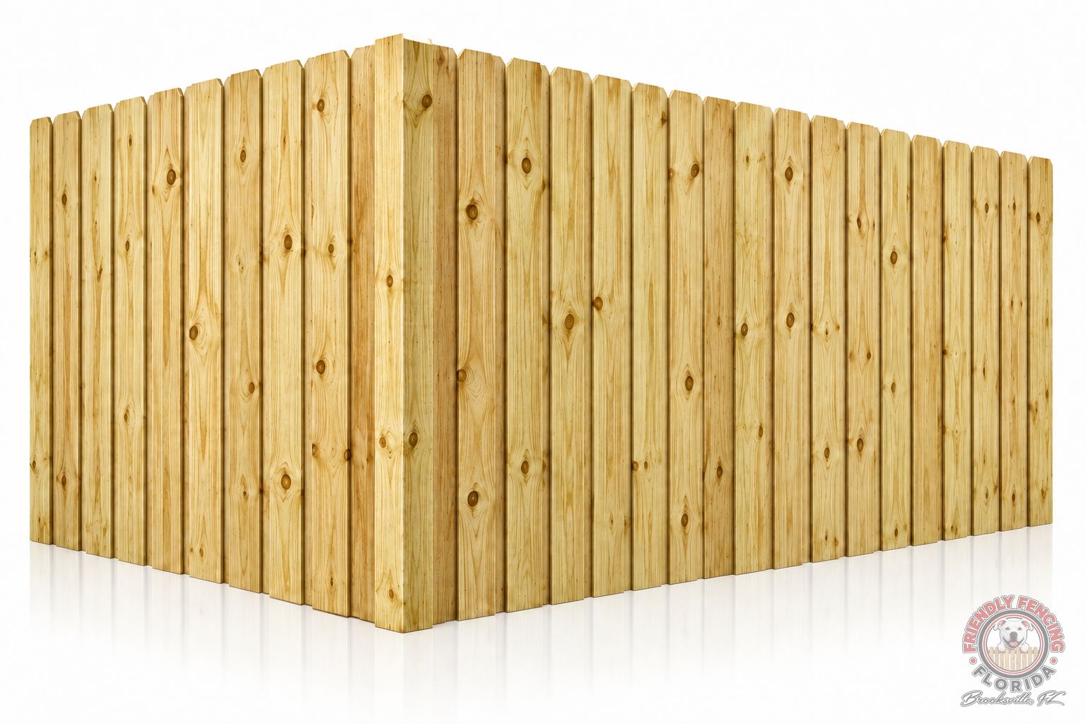 Board-on-board wood privacy fence corner with overlapping pressure-treated pine pickets, no gaps, Spring Hill FL