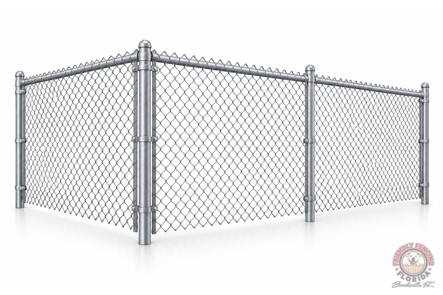 Galvanized chain link fence corner with silver posts, top rail and dome caps, Brooksville FL