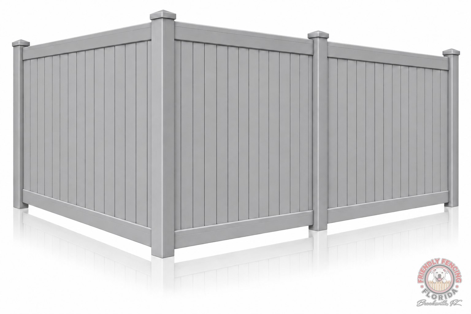 Gray vinyl privacy fence corner with gray posts and pyramid caps, modern gray PVC fence color for Hernando County FL