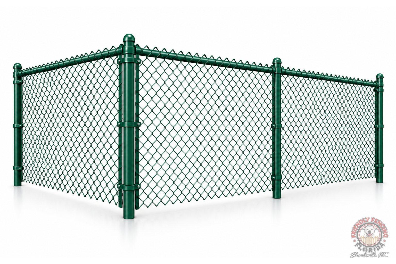 Green vinyl-coated chain link fence corner with green posts, top rail and caps, Hernando County FL