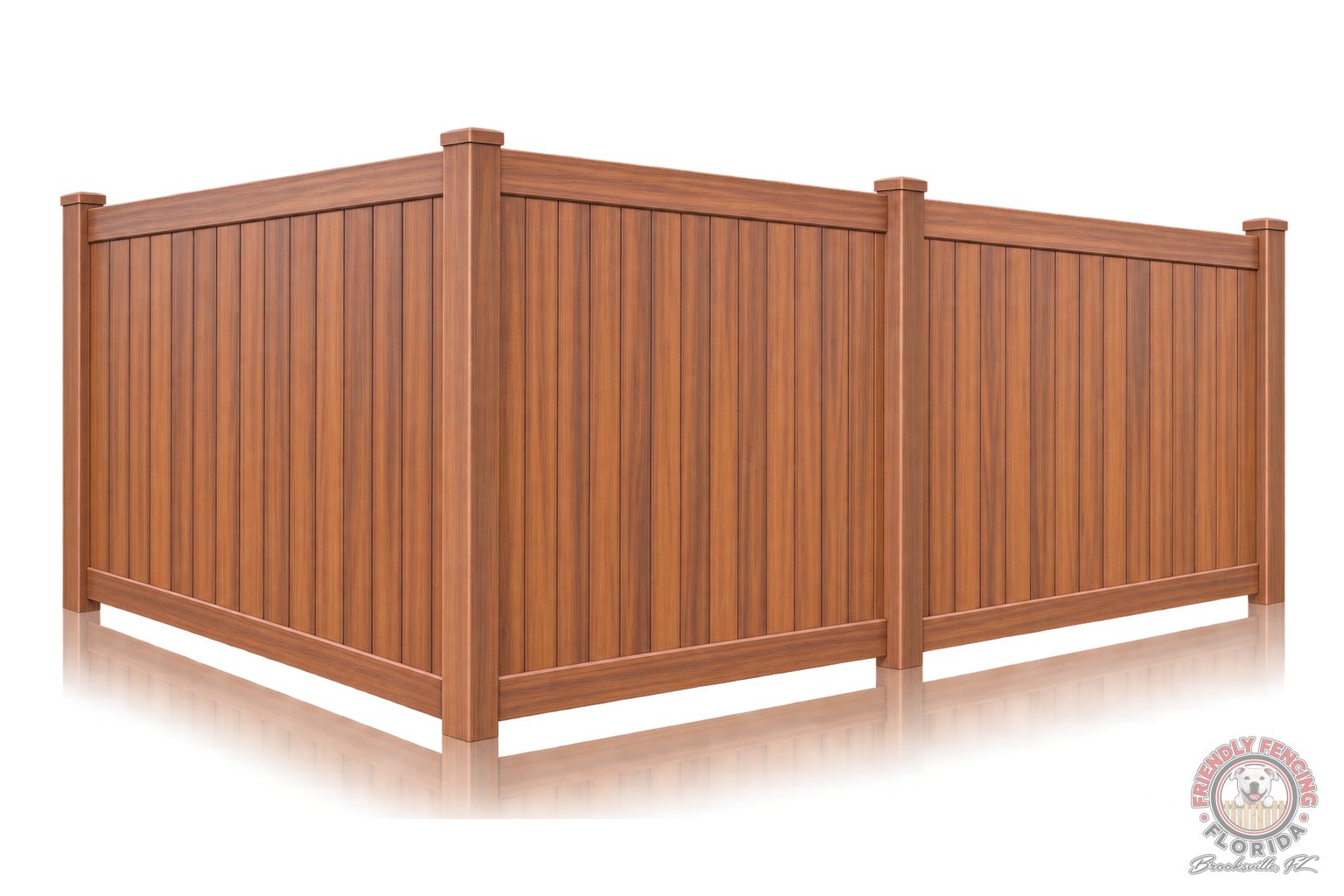 Mocha walnut wood-grain vinyl privacy fence 6 ft corner with matching posts and caps, wood look PVC fence for Spring Hill FL