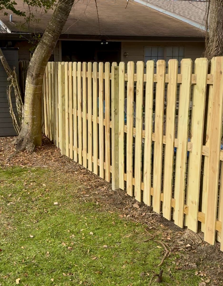 Shadow box wood fence with dog-ear pickets alternating on both sides of the rails in a Florida backyard