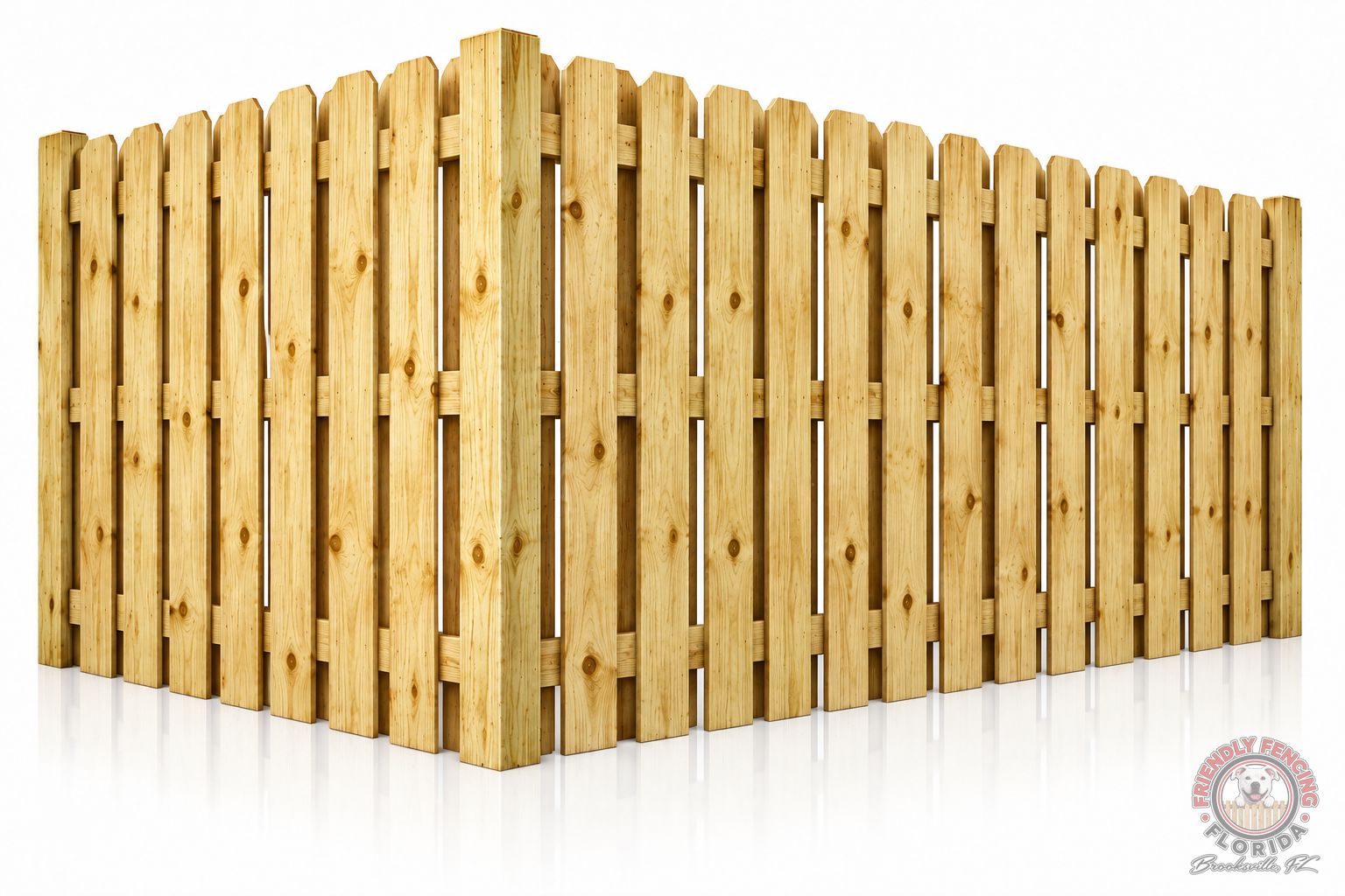 Shadow box wood fence corner with pickets alternating on both sides of the rails, pressure-treated pine, Spring Hill FL