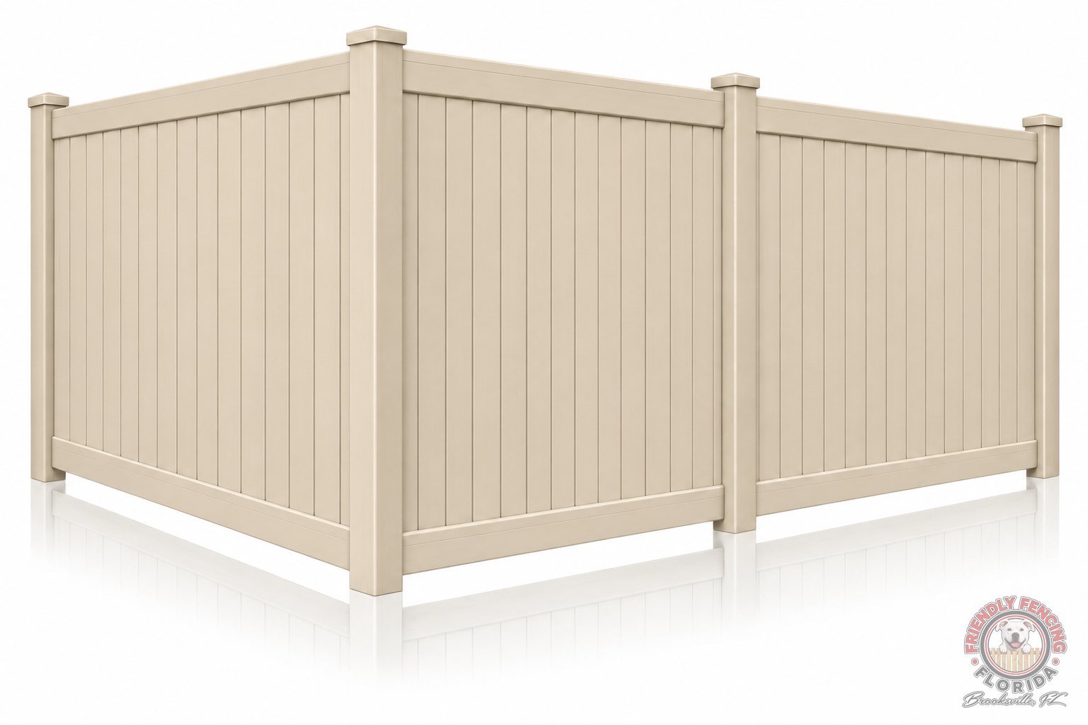 Tan vinyl privacy fence corner with matching tan posts and caps, sand colored PVC fence option for Brooksville and Spring Hill FL