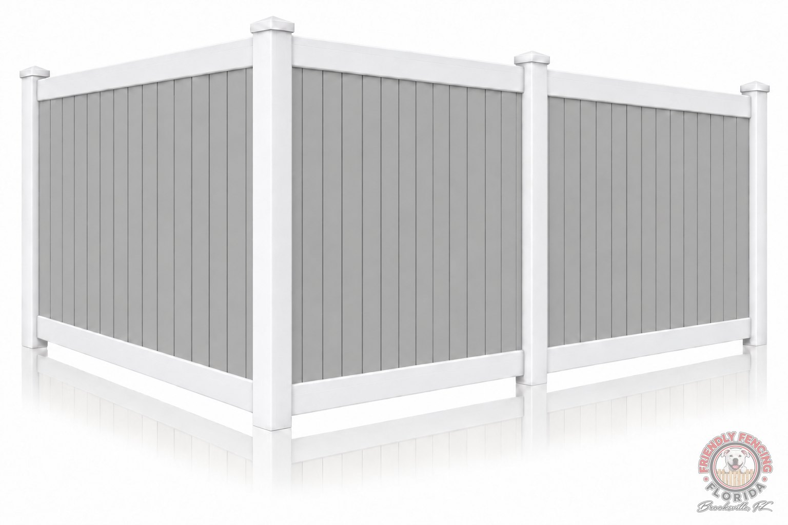 Two-tone vinyl privacy fence with gray pickets and white posts, rails and caps, gray and white PVC fence for Weeki Wachee and Hernando Beach FL