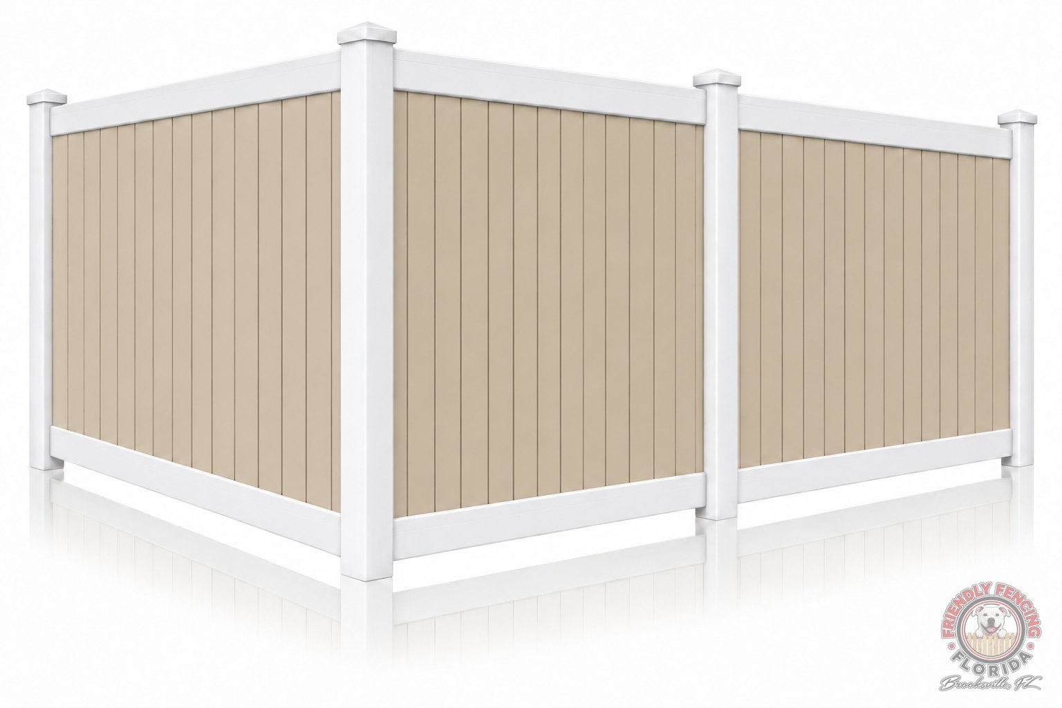 Two-tone vinyl privacy fence with tan pickets and white posts, rails and caps, tan and white PVC fence for Spring Hill FL