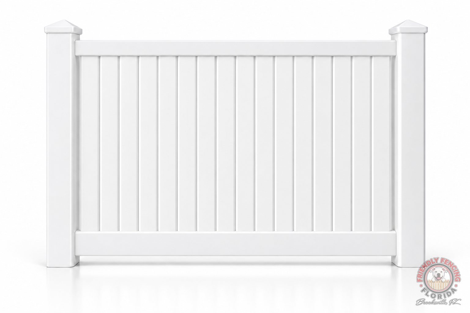 4 ft white vinyl closed picket fence section with tight pickets, rails and pyramid post caps, Spring Hill FL