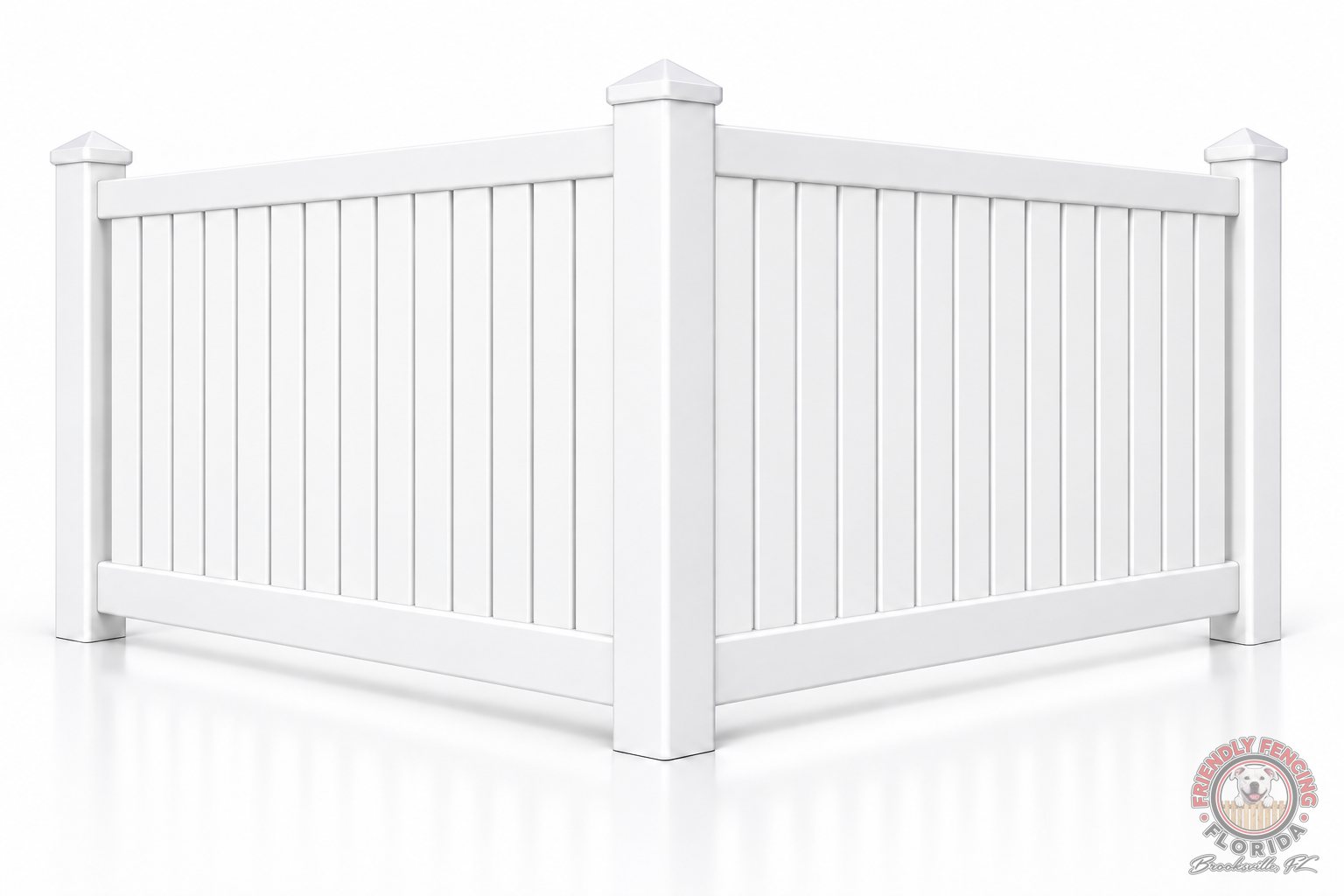 4 ft white vinyl closed picket fence corner with pyramid post caps, Hernando County FL