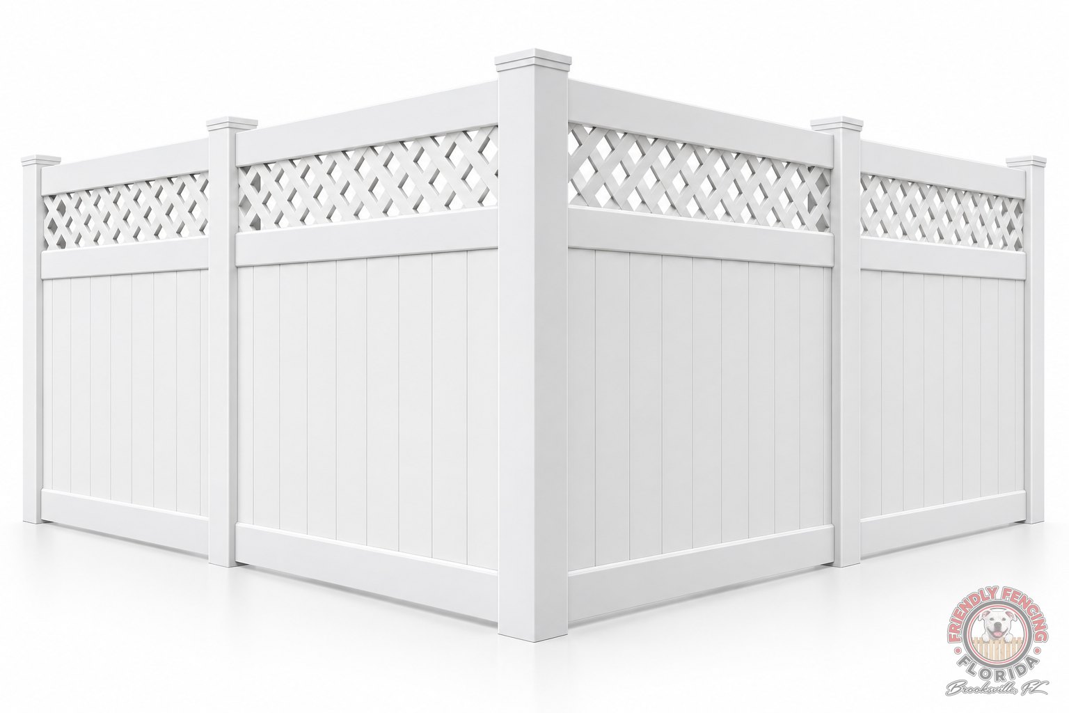 White vinyl 5+1 lattice-top privacy fence corner, 5 ft solid privacy panel with 1 ft lattice topper, PVC fence for Spring Hill FL