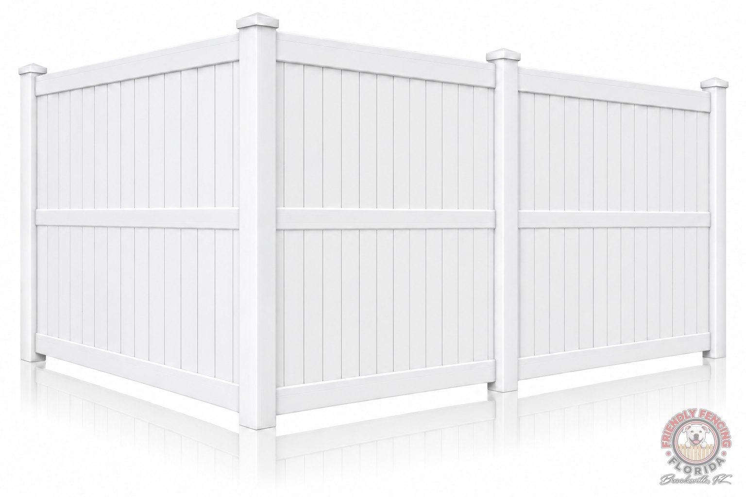 8 ft white vinyl privacy fence corner with center rail, posts and caps, tall PVC privacy fence for Hernando County FL