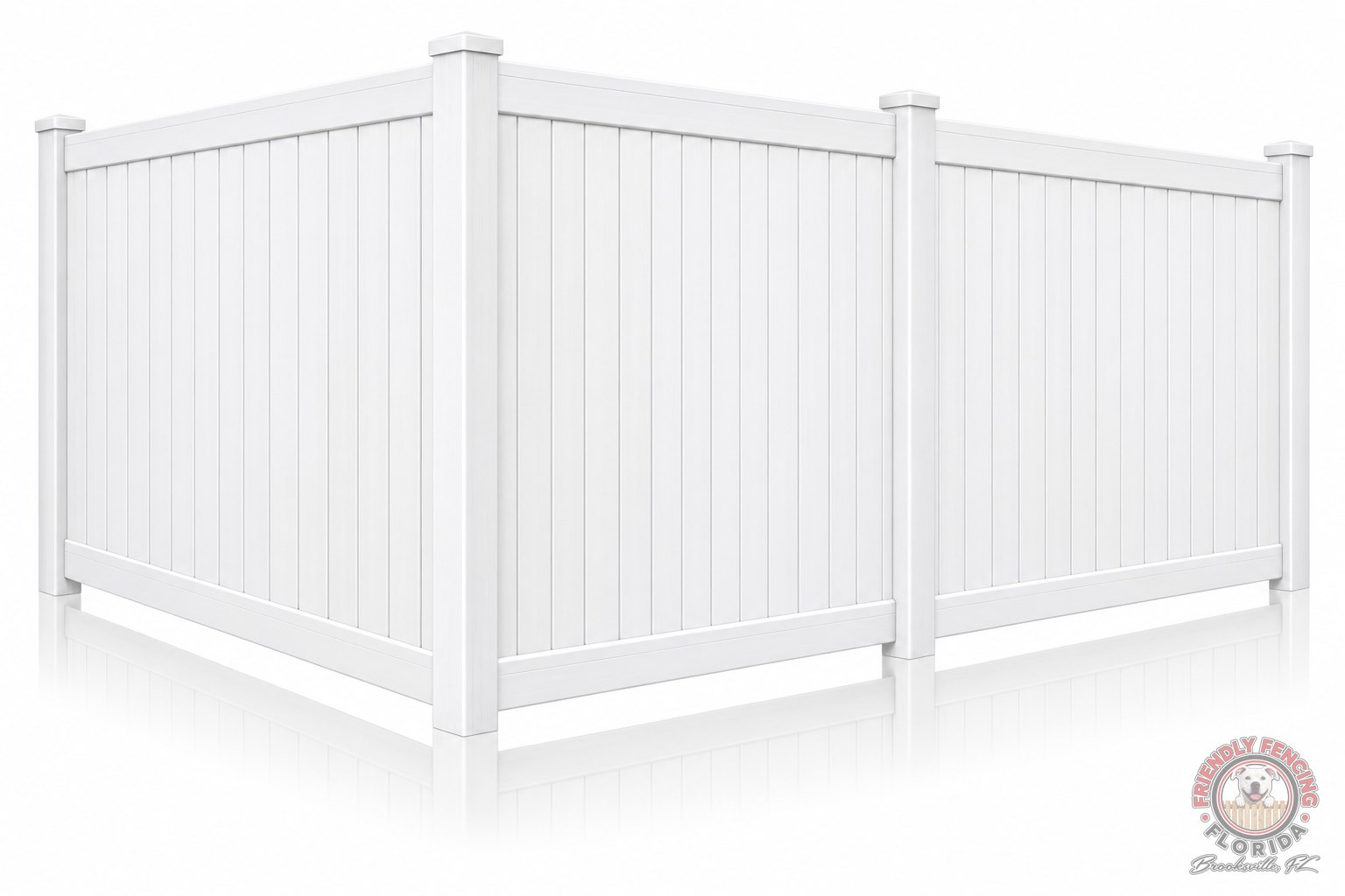 White vinyl privacy fence corner with post caps and top rail, 6 ft white PVC fence color option for Spring Hill FL homes