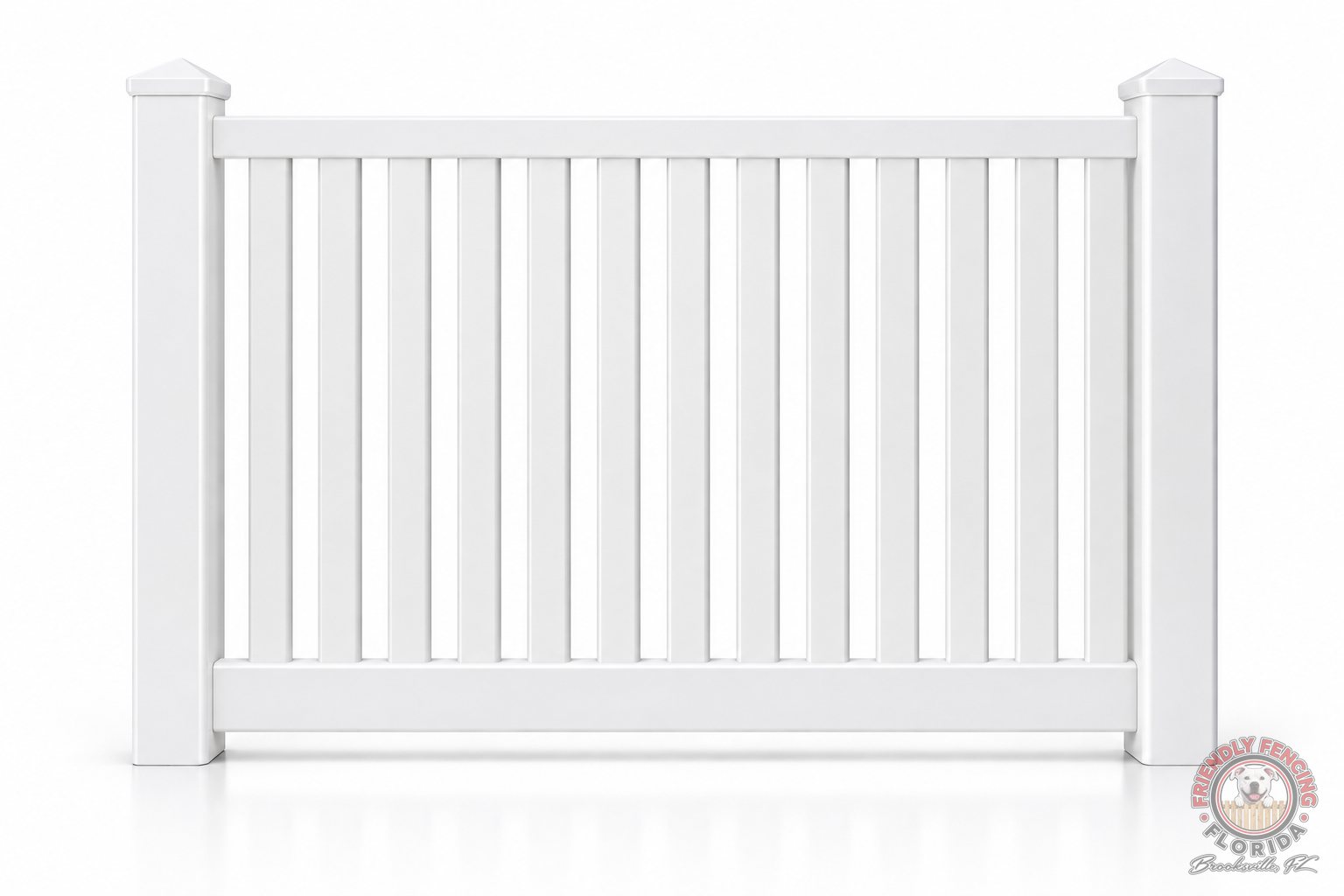 4 ft white vinyl spaced picket fence section with square pickets and post caps, Brooksville FL