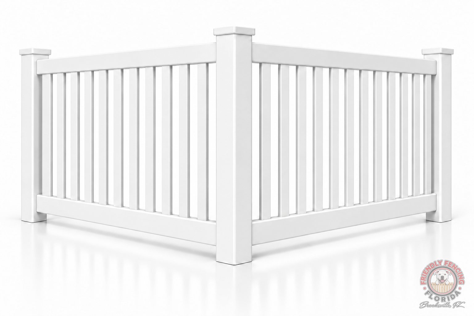 4 ft white vinyl spaced picket fence corner with flat post caps, Hernando County FL