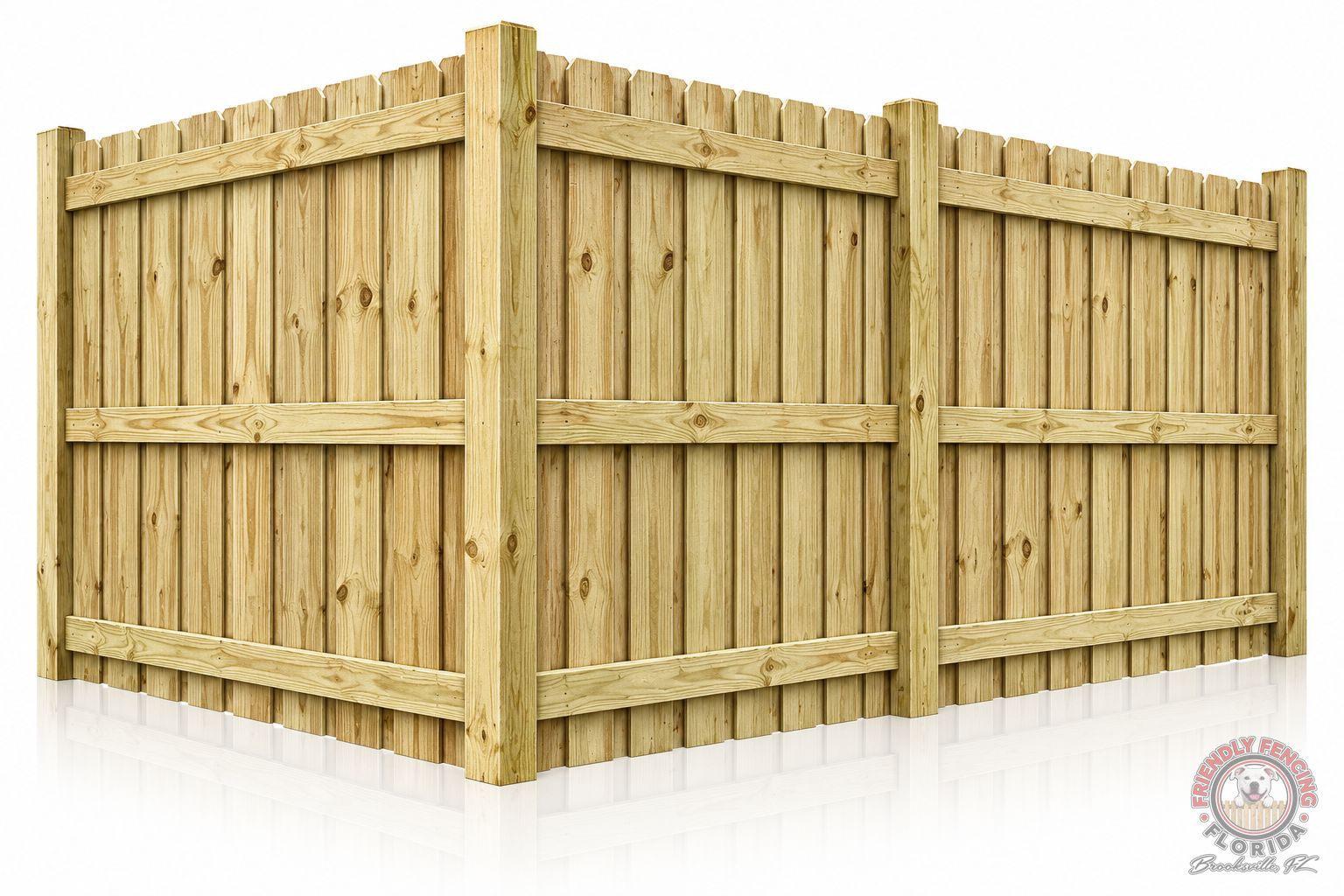 Standard dog-ear wood privacy fence with posts and three rails, pressure-treated pine, Hernando County FL