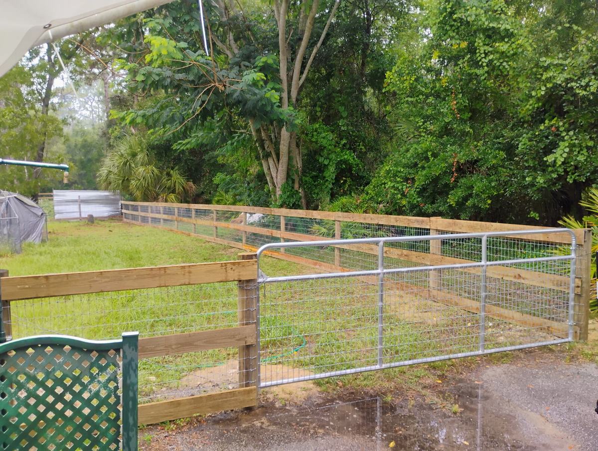 Galvanized farm gate on a 3-board ranch rail fence in Homosassa, FL